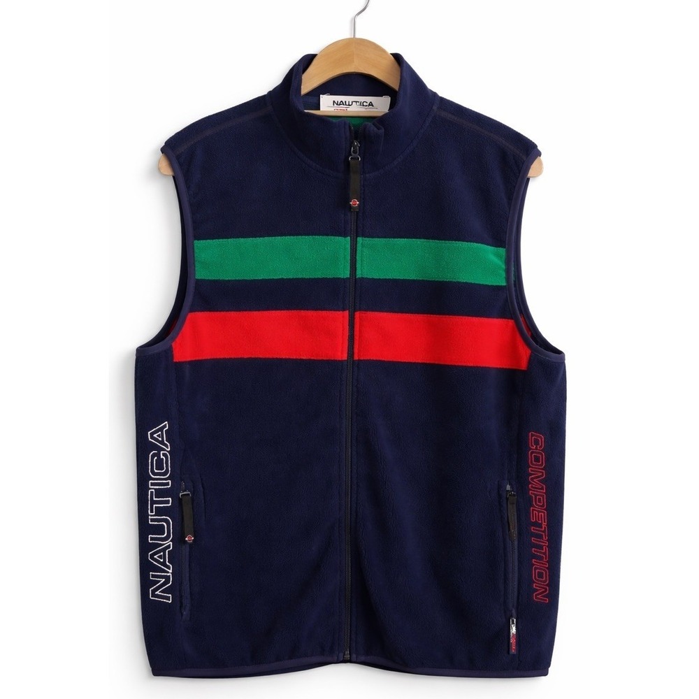 Nautica Competition Men's Large Fleece Vest Navy Zip Front‎ Stripe